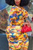 Color Falda de tubo con cuello redondo y pliegue de frenillo con estampado de satén y sarga sexy de talla grande