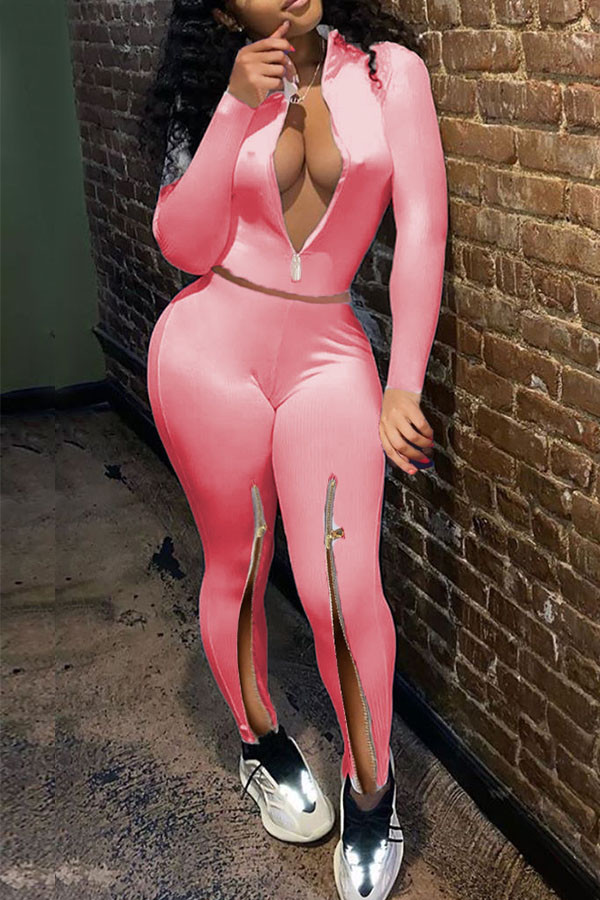 Rosa Sexy Party Milchfaser Solide Hose mit hoher Öffnung Reißverschlusskragen Langarm Normale Ärmel Normal Zweiteilig
