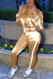 Золотая повседневная уличная спортивная одежда Смешанные лоскутные однотонные лоскутные брюки Воротник на молнии с длинным рукавом Обычный рукав Обычные две вещи