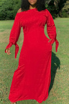 Rouge Mode Quotidien Adulte Solide Noué Col Oblique Manches Longues Étage Longueur Robe À Manches Longues Robes