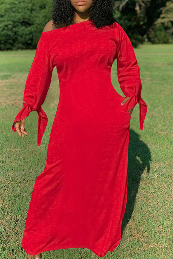 Rött mode dagligen vuxen solid knuten sned krage långärmad golvlängd långärmad klänning