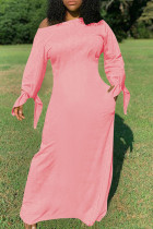 Rosa Mode Täglich Erwachsene Solide geknotet Schrägkragen Langarm Bodenlangen Langarm Kleid Kleider