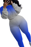 Синяя модная повседневная одежда для взрослых с постепенным изменением в стиле пэчворк с круглым вырезом с длинным рукавом и короткими рукавами с обычными рукавами из двух частей