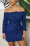 Marineblaue, modische, sexy, solide Frenulum-Schnalle, Basic-Kleid mit Bateau-Ausschnitt, langen Ärmeln und Mini-Bleistiftrock