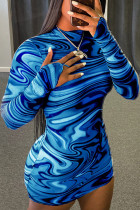 Синий сексуальный молочный лоскутный принт в стиле пэчворк с круглым вырезом и длинным рукавом мини-платья трапециевидной формы