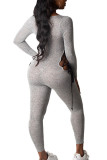 Grijze sexy melkvezel effen uitgeholde frenulum skinny jumpsuits met U-hals