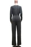 Silver Fashion Casual Solid Patchwork V Neck Straight Jumpsuits