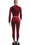 Wine Red Street Solid Hooded Collar Long Sleeve Regular Sleeve Short Two Pieces