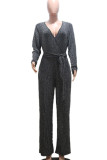 Silver Fashion Casual Solid Patchwork V Neck Straight Jumpsuits