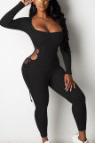Zwarte Sexy Melkvezel Effen Uitgeholde Frenulum U-hals Skinny Jumpsuits