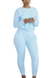 Baby Blue Sexy Europe and America Patchwork Solid Straight Long Sleeve Two Pieces