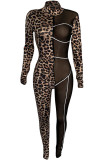 Leopardtryck Sexiga Patchwork Patchwork V-hals Skinny Jumpsuits
