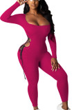 Red Sexy Milk Fiber Solid Hollowed Out Frenulum U Neck Skinny Jumpsuits