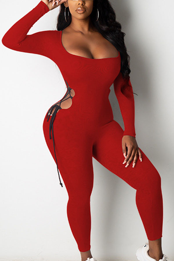 Rote, sexy, einfarbige, ausgehöhlte Frenulum-Jumpsuits mit U-Ausschnitt aus Milchfaser