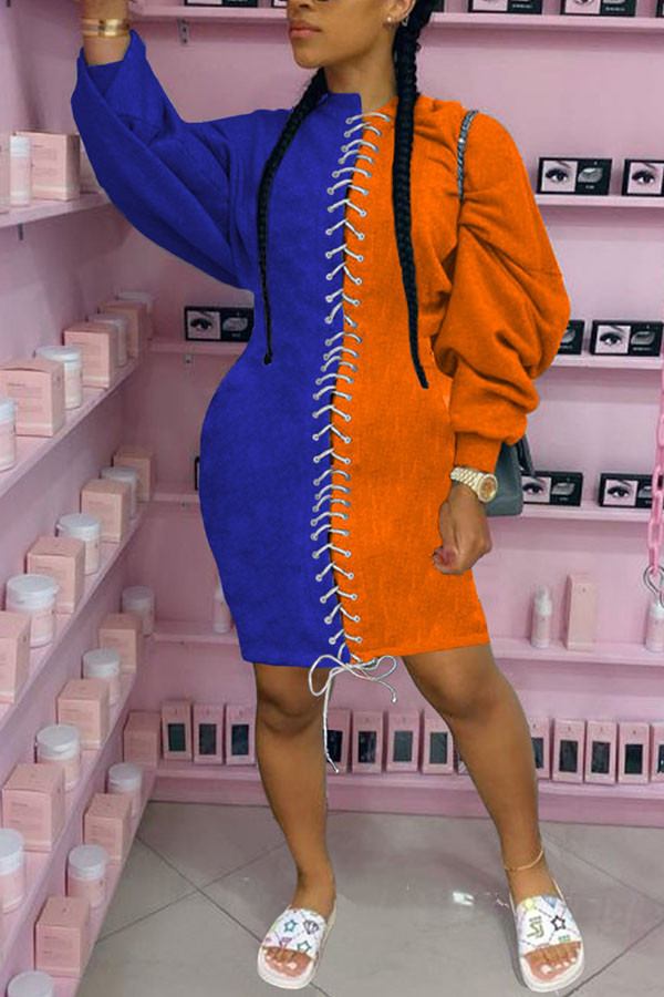 Оранжевый модный сексуальный лоскутный однотонный бандажный лоскутный базовый круглый вырез с длинным рукавом длиной до колена юбка-карандаш платья
