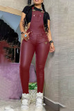 Black Fashion Sexy Adult Faux Leather Solid Patchwork Spaghetti Strap Skinny Jumpsuits