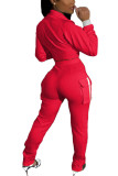 Красный модный повседневный однотонный лоскутный отложной воротник для взрослых с длинным рукавом, обычный рукав, стандартный комплект из двух предметов