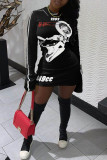 Черная повседневная уличная спортивная одежда с буквенным принтом и буквенным принтом, базовая мини-юбка-карандаш с круглым вырезом и длинным рукавом, платья