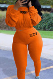 Orange Fashion Sexy Adult Letter Embroidered Letter O Neck Long Sleeve Regular Sleeve Regular Two Pieces