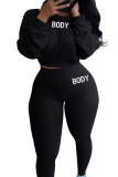Black Fashion Sexy Adult Letter Embroidered Letter O Neck Long Sleeve Regular Sleeve Regular Two Pieces
