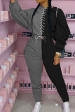 Rosa grigio Casual Stile britannico Patchwork in fibra Solido Fasciatura Pantaloni patchwork Design con cinturino O Collo Manica lunga Manica regolare Due pezzi regolari