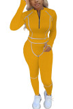 Gelbe modische Sportbekleidung für Erwachsene, einfarbig, Patchwork, O-Ausschnitt, lange Ärmel, normale Ärmel, regelmäßig, zweiteilig