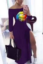 purple Polyester Casual Sleeve Long Sleeves one shoulder collar Slim Dress Floor-Length Print Dresses