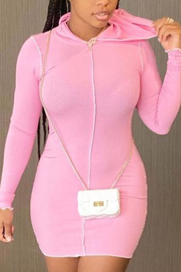 ピンクのセクシーなカジュアルソリッド V ネック長袖ミニペンシルスカートドレス