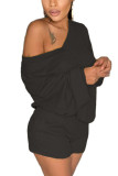 Schwarzer Sportswear-Einteiler, einfarbig, V-Ausschnitt, lange Ärmel, normale Ärmel, normale Zweiteile