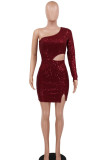 Wine Red Sexy Party Sequined Pierced Hollowed Out Sequins Slit Bead tube Oblique Collar Long Sleeve Mini A Line Dresses
