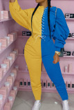 Bleu et jaune Décontracté Style britannique Fibre Patchwork Solide Bandage Patchwork Pantalon Sangle Conception O Cou Manches Longues Manches Régulières Régulier Deux Pièces
