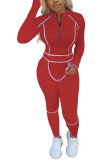 Rose rouge vêtements de sport à la mode adulte solide Patchwork col rond manches longues manches régulières régulier deux pièces