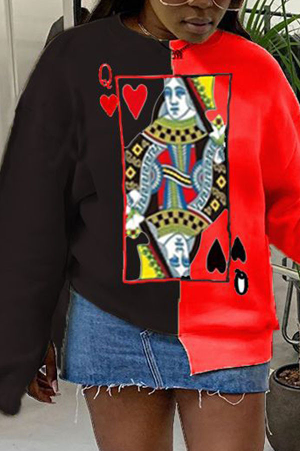 Black and red Casual Patchwork Print Poker Patchwork Slit Pullovers O Neck Tops