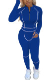 Синяя модная спортивная одежда для взрослых, однотонная лоскутная одежда с круглым вырезом и длинным рукавом, обычный рукав, обычные комплекты из двух предметов