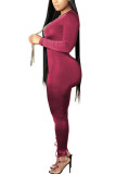 Red Fashion Street Vuxen Mjölkfiber Solid Frenulum V-hals Skinny Jumpsuits