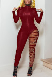 Vermelho moda sexy adulto sólido rasgado retalhos com decote em v macacões magros