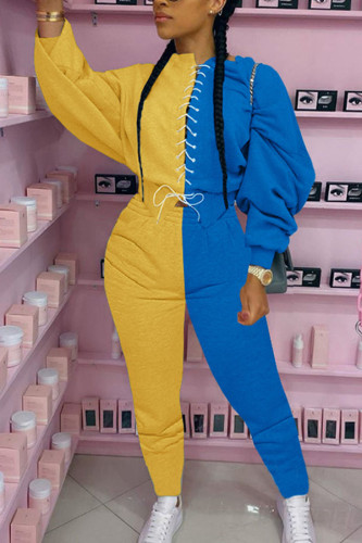 Blu e giallo Casual stile britannico Patchwork in fibra Solido Fasciatura Pantaloni patchwork Design con cinturino O Collo Manica lunga Manica regolare Due pezzi regolari