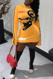 Noir décontracté vêtements de sport de rue lettre imprimée lettre basique col rond manches longues Mini jupe crayon robes