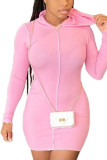 Розовые сексуальные повседневные однотонные мини-юбки-карандаши с V-образным вырезом и длинными рукавами, платья