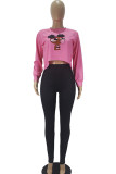 Pink Fashion Casual Adult Print Pullovers O Neck Tops