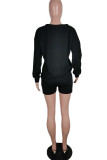 Schwarzer Sportswear-Einteiler, einfarbig, V-Ausschnitt, lange Ärmel, normale Ärmel, normale Zweiteile