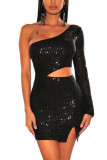 Черные пикантные вечерние мини-платья трапециевидной формы с блестками и пирсингом