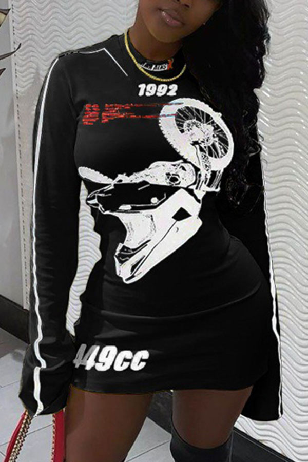 Negro Casual Ropa deportiva de calle Estampado de letras Letra Básico Cuello redondo Manga larga Mini falda lápiz Vestidos