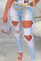 Baby Blue Sexy Solid Ripped High Waist Denim