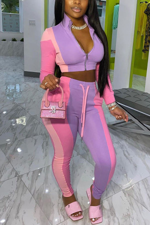 Pink Fashion Casual Solid Patchwork Zipper Collar Long Sleeve Two Pieces