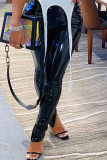 Silver Sexy Street Patent Leather Solid Slit Skinny Bottoms