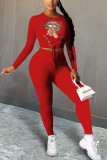 Red Fashion Sexy Adult Stampa Fasciatura O Collo Manica lunga Manica regolare Corta Due pezzi