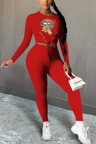 Red Fashion Sexy Adult Print Bandage O Neck Long Sleeve Regular Sleeve Short Two Pieces