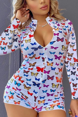 White Fashion Sexy Print Patchwork O Neck Skinny Rompers