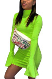 Fluorescent green Fashion Sexy Adult Milk Fiber Solid Patchwork Turtleneck Long Sleeve Mini A Line Dresses